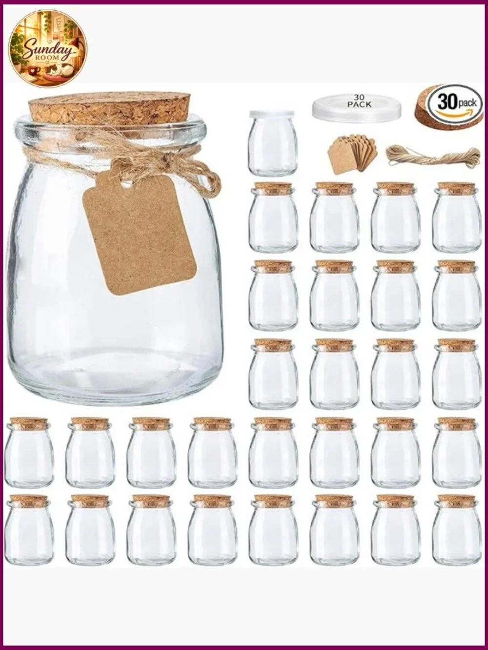 7 oz Glass Yogurt Jars 30 Pack with Cork Lids, Tags & String, Canning, Wedding